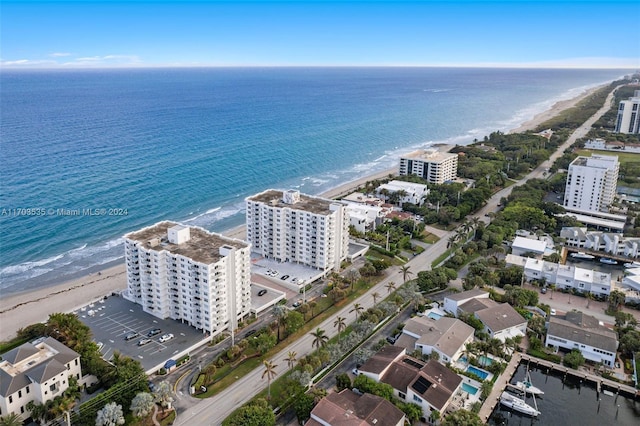 aerial view with a water view and a view of the beach