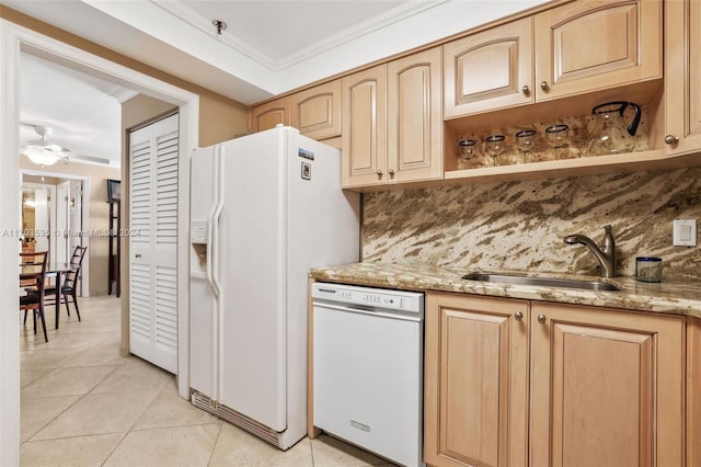 kitchen with white appliances, crown molding, sink, ceiling fan, and light brown cabinetry