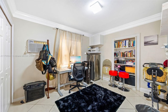 tiled office space with crown molding and a wall mounted air conditioner