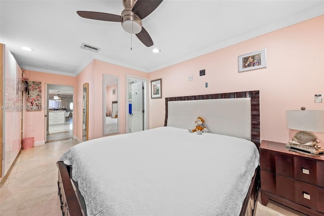 bedroom with ceiling fan and crown molding