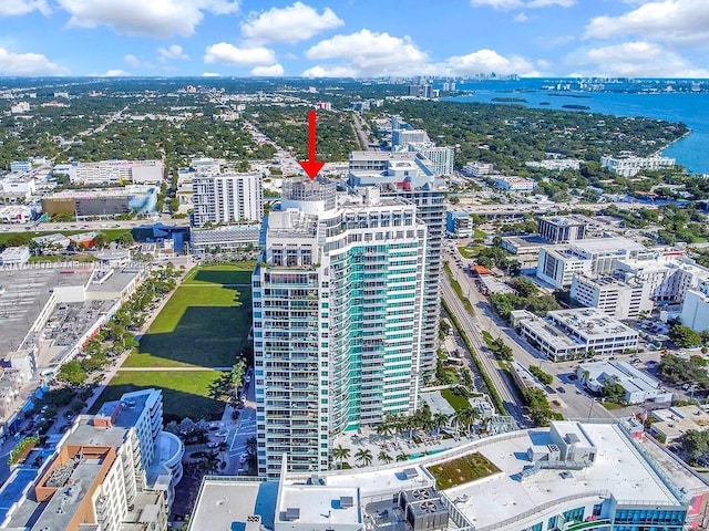 bird's eye view with a water view