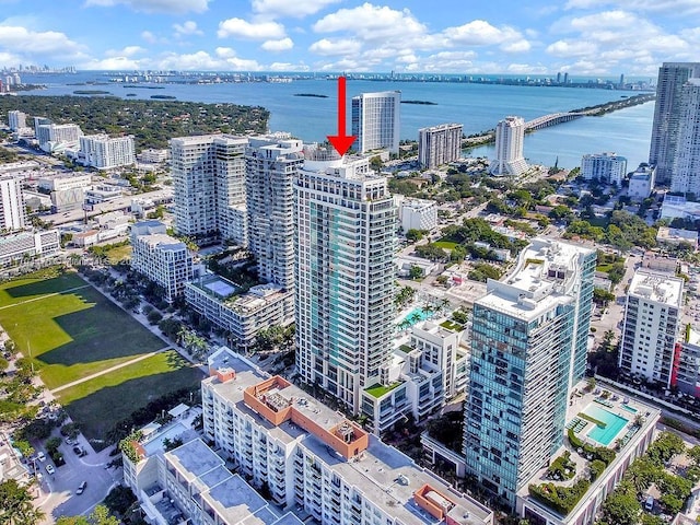 aerial view featuring a water view