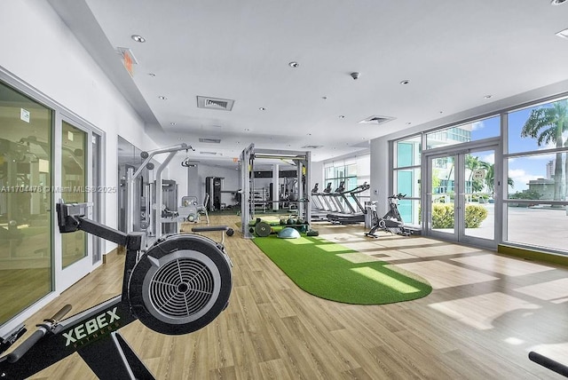 workout area featuring french doors, a wall of windows, and wood-type flooring