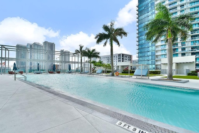 view of swimming pool with a patio area