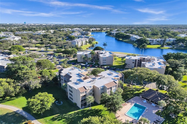 drone / aerial view featuring a water view