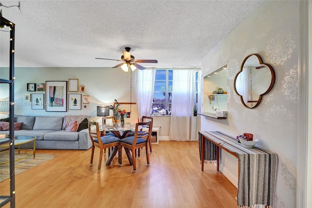 dining room with ceiling fan, light wood-type flooring, and a textured ceiling