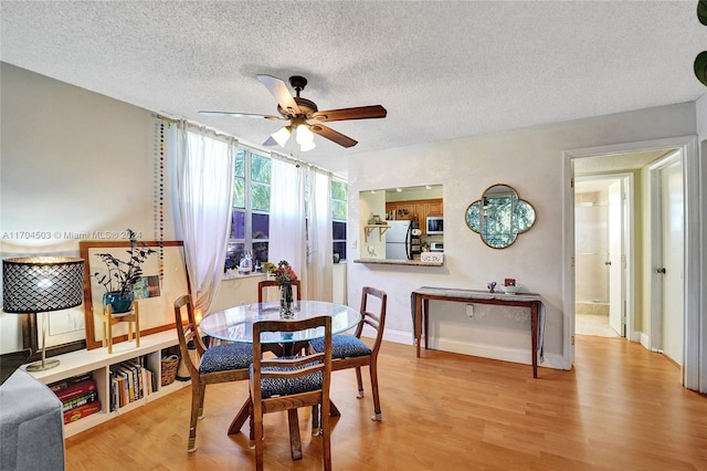 dining room featuring ceiling fan, light wood-type flooring, and a textured ceiling