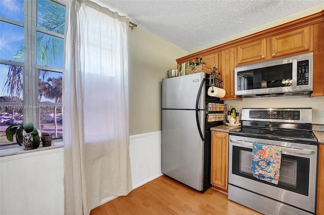 kitchen with light wood-type flooring, a textured ceiling, stainless steel appliances, and plenty of natural light