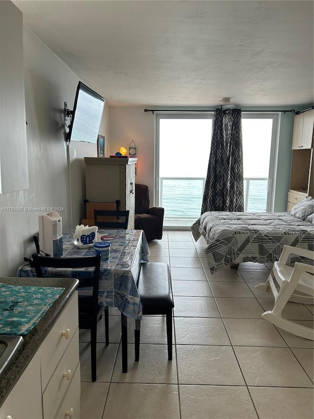 tiled bedroom featuring sink and multiple windows