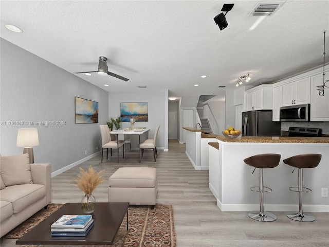 living room featuring ceiling fan, light hardwood / wood-style floors, and a textured ceiling