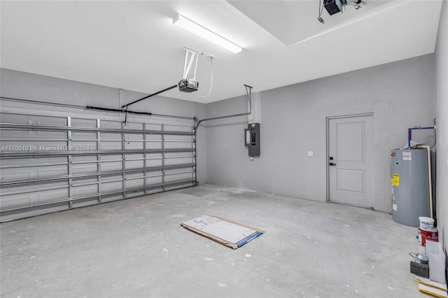 garage with electric water heater, electric panel, and a garage door opener