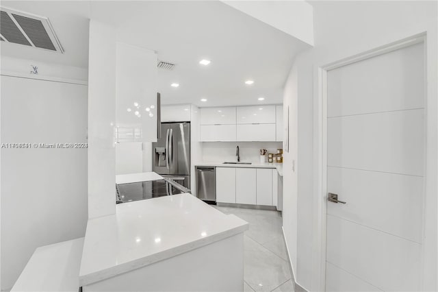 kitchen featuring sink, light stone countertops, appliances with stainless steel finishes, white cabinetry, and kitchen peninsula