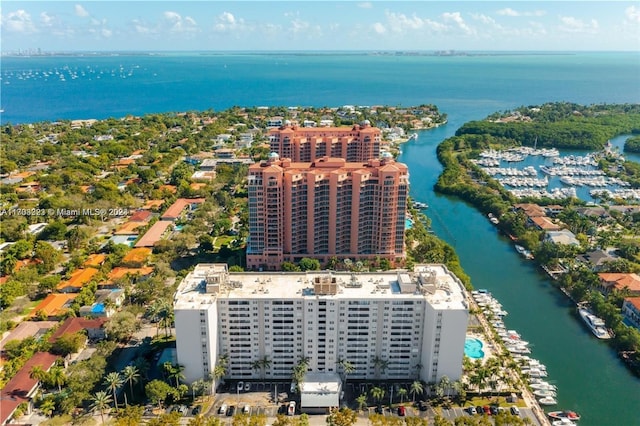 drone / aerial view with a water view