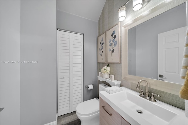 bathroom featuring vanity, toilet, and wood-type flooring