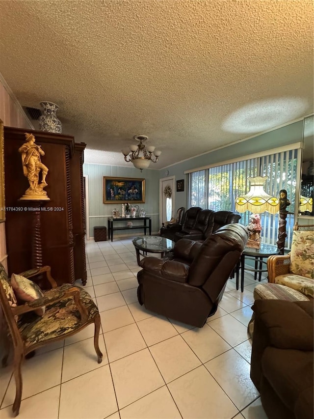 tiled living room with a textured ceiling