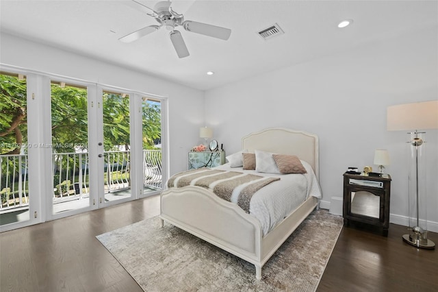 bedroom with dark hardwood / wood-style flooring, access to outside, and ceiling fan