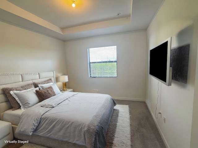 bedroom with a tray ceiling and dark carpet