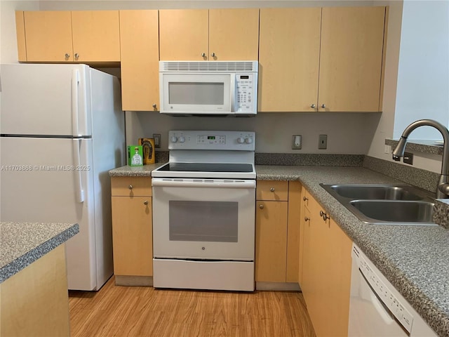 kitchen with light brown cabinetry, white appliances, light hardwood / wood-style flooring, and sink