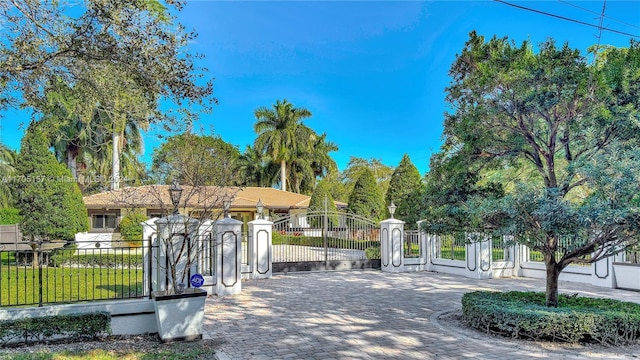 view of property's community with a gate and a fenced front yard