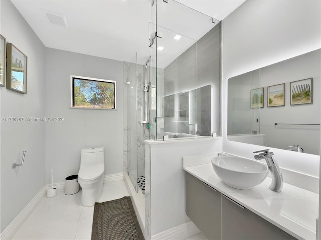 bathroom with toilet, visible vents, a marble finish shower, and vanity