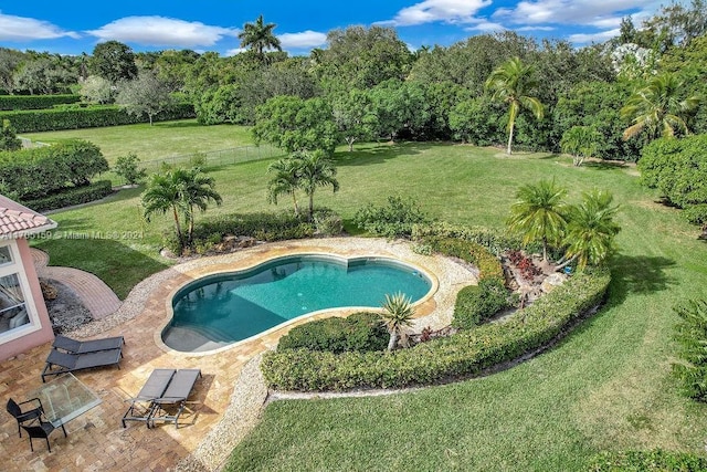 view of pool featuring a lawn and a patio