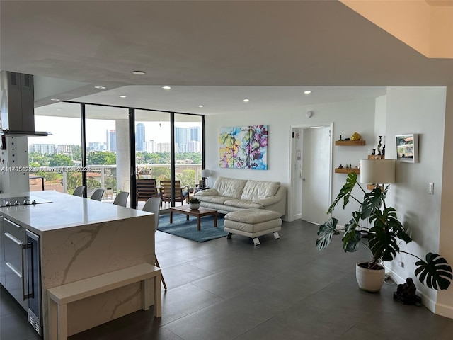 living room with floor to ceiling windows