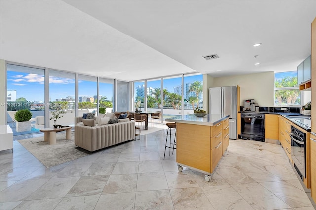 kitchen with a center island, expansive windows, light brown cabinetry, appliances with stainless steel finishes, and a kitchen bar