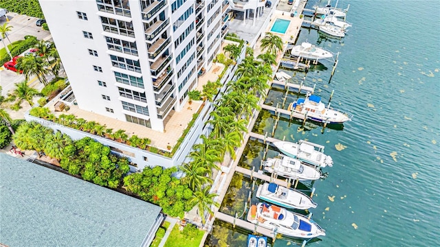 drone / aerial view featuring a water view