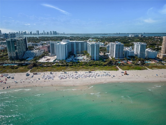 bird's eye view with a water view and a view of the beach