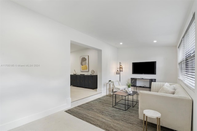 living room featuring concrete floors