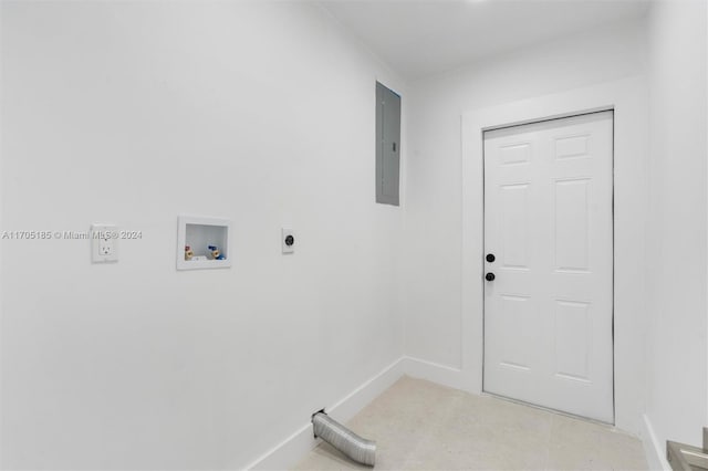 washroom featuring hookup for an electric dryer, electric panel, and hookup for a washing machine