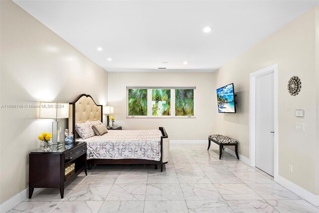 511 Madeira Ave, Coral Gables, FL 33134 - bedroom featuring light marble finish flooring, baseboards, and recessed lighting