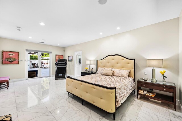 511 Madeira Ave, Coral Gables, FL 33134 - bedroom featuring access to exterior, light marble finish flooring, baseboards, and recessed lighting