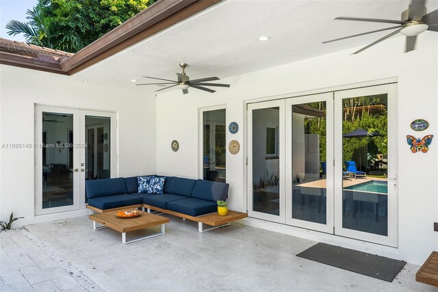 511 Madeira Ave, Coral Gables, FL 33134 - view of patio featuring french doors, a ceiling fan, and outdoor lounge area