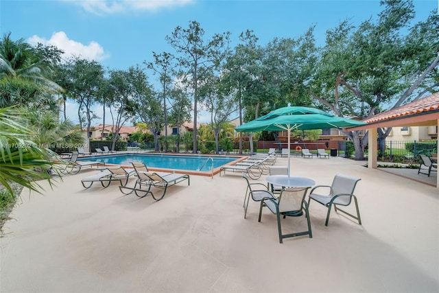 view of swimming pool featuring a patio area