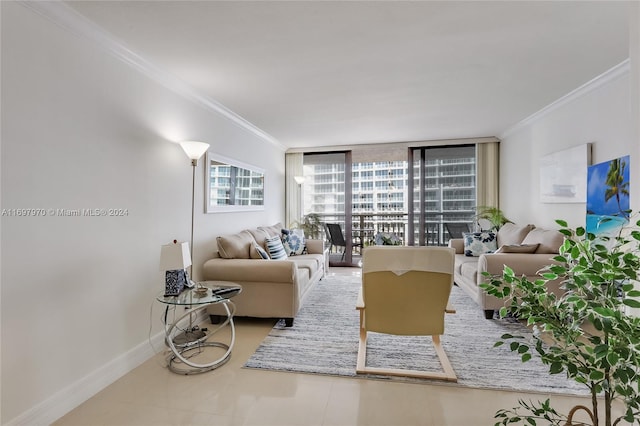 living room with tile patterned floors, a wall of windows, and ornamental molding