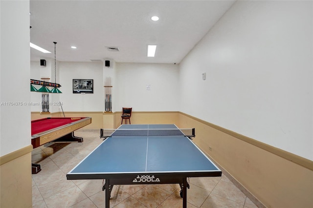 game room with light tile patterned floors and pool table