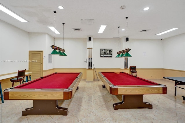 recreation room with light tile patterned floors and billiards