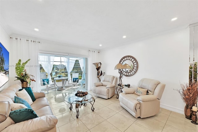 living room featuring crown molding and light tile patterned floors