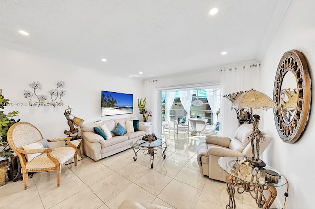 living room featuring crown molding and light tile patterned floors