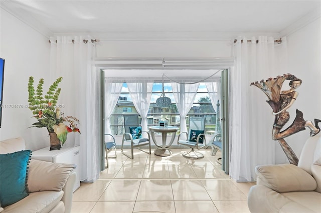 interior space featuring crown molding and light tile patterned floors