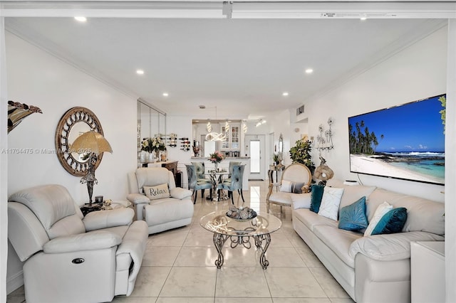 living room featuring crown molding and light tile patterned flooring