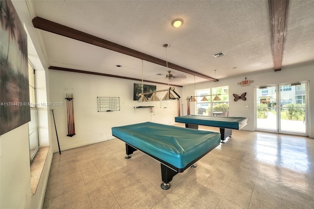 rec room with beamed ceiling, pool table, crown molding, and a textured ceiling