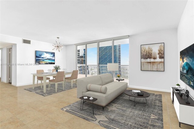 unfurnished room featuring expansive windows and a chandelier