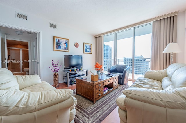 living room with expansive windows