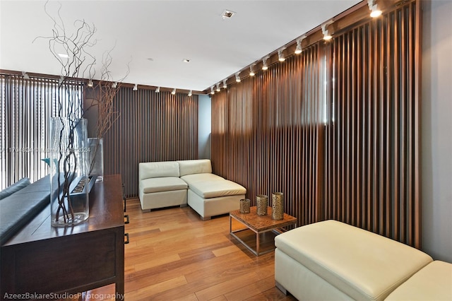 living room with wood walls, light wood-type flooring, and rail lighting