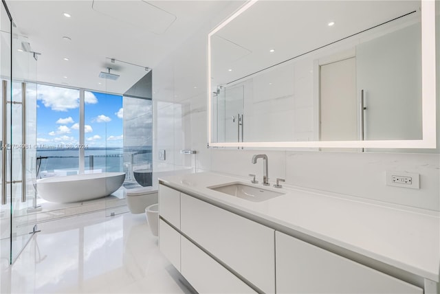 full bathroom with vanity, a bidet, plus walk in shower, a water view, and toilet