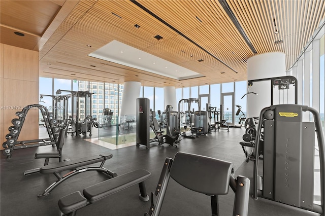 exercise room with floor to ceiling windows and wooden ceiling