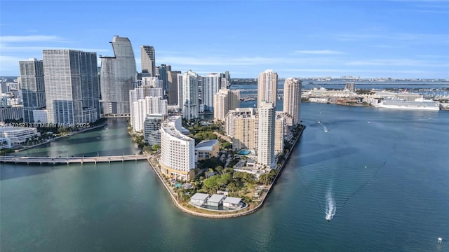 birds eye view of property featuring a water view and a city view