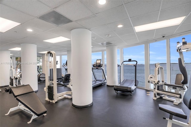 workout area with a water view, a drop ceiling, and a healthy amount of sunlight